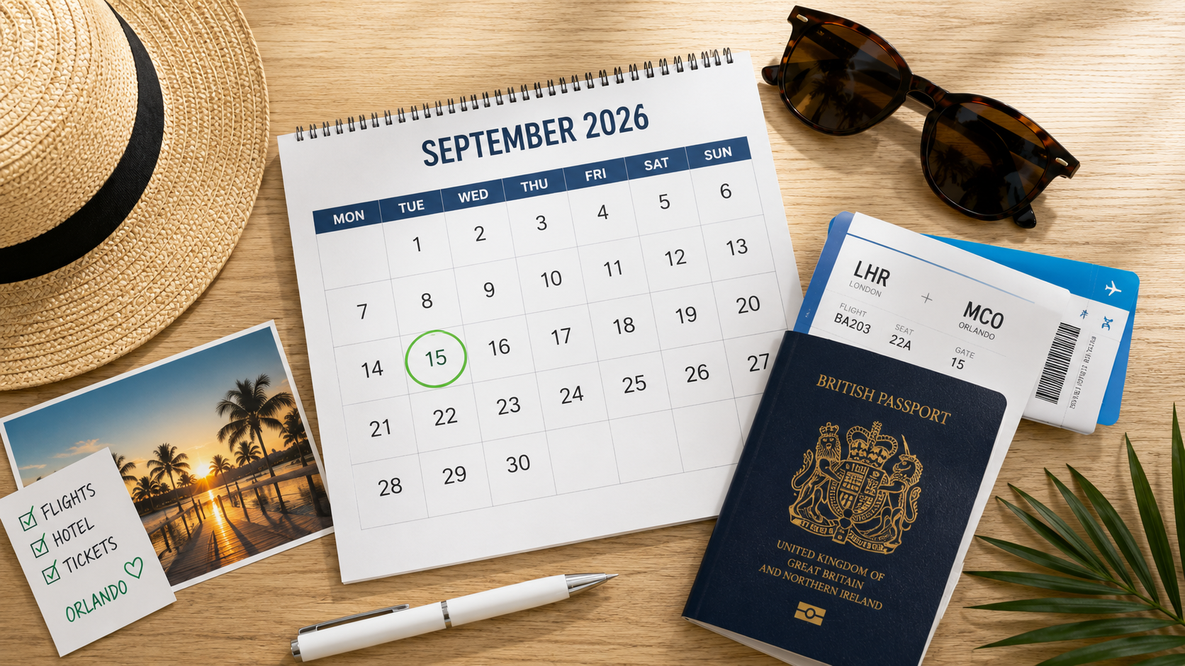 September 2026 calendar with a UK-to-Orlando boarding pass, British passport and Florida holiday checklist
