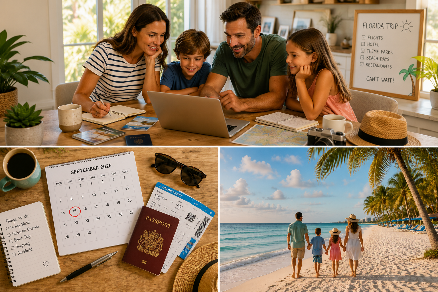UK family planning their Florida holiday at home with calendar, passports and a Florida beach to come