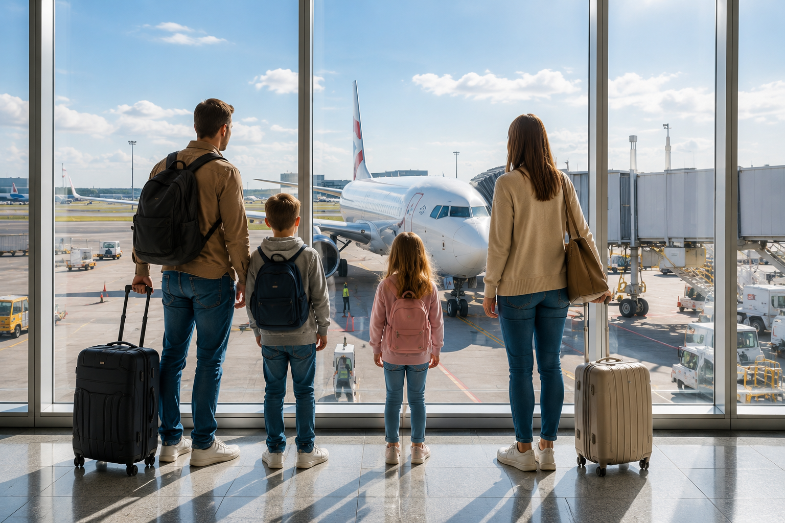 UK family with luggage watching their flight at a UK airport gate