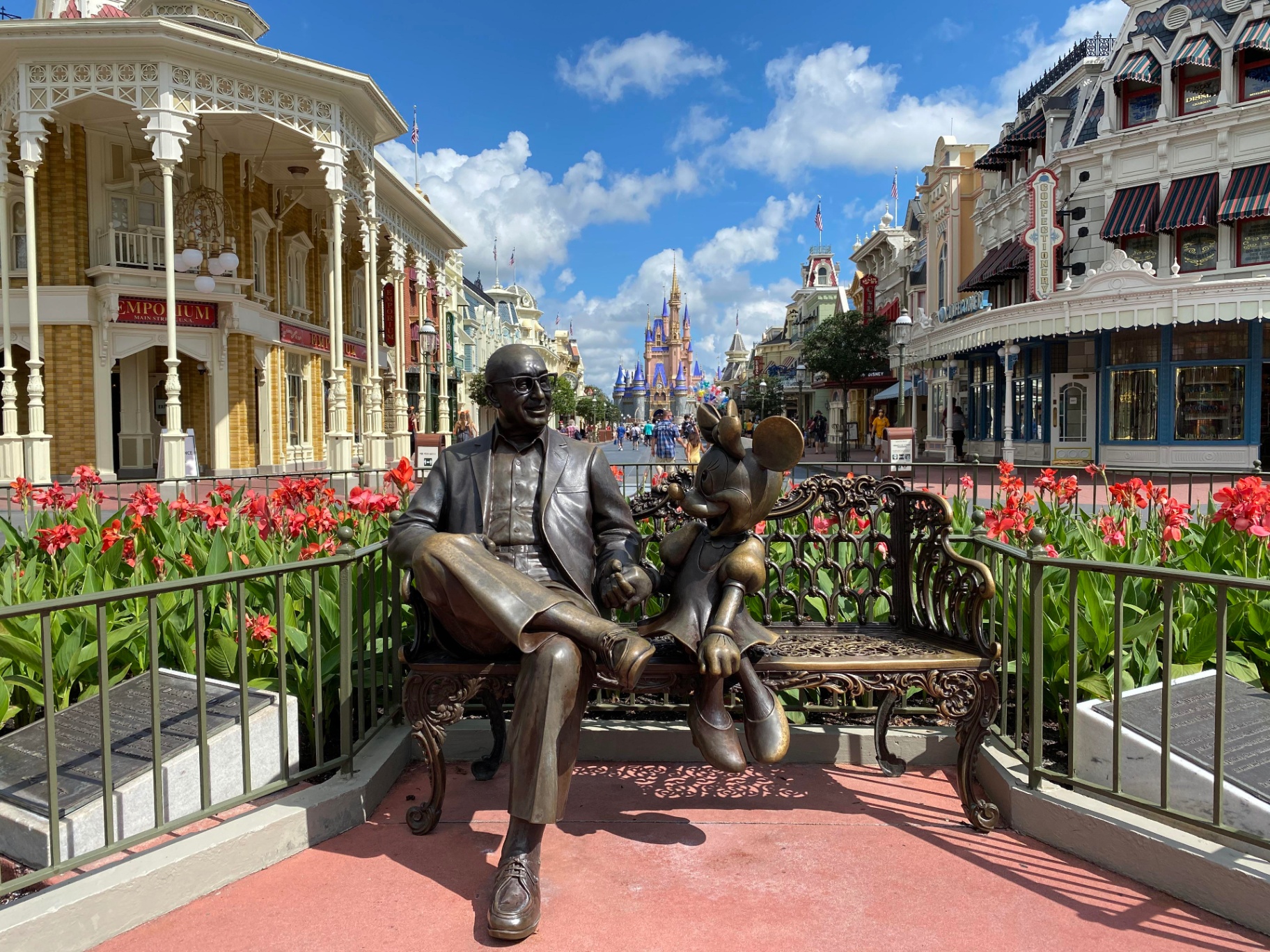 Sunny day on Main Street USA with Cinderella Castle in the distance