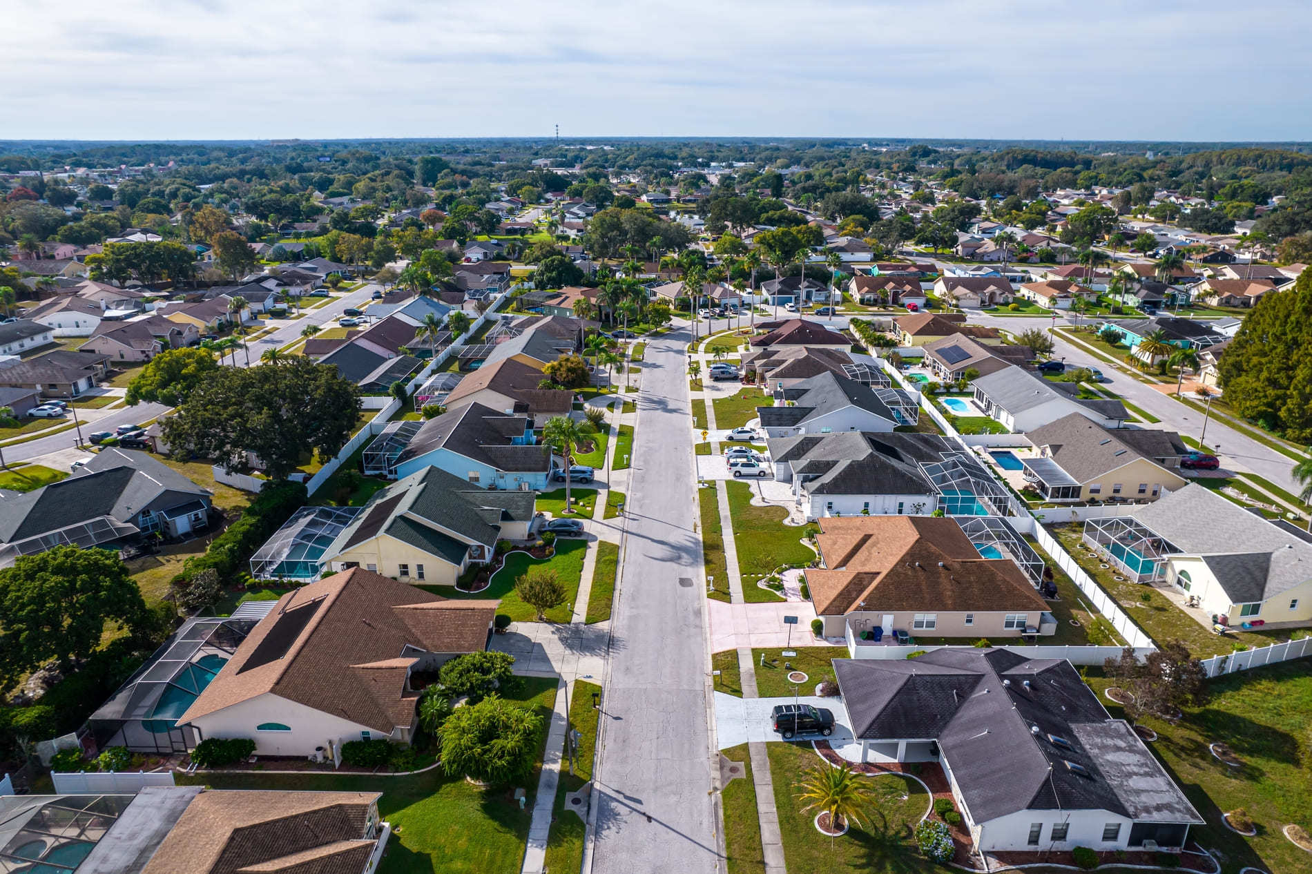 Aerial view of an Orlando villa community with screened pools and palm-lined streets