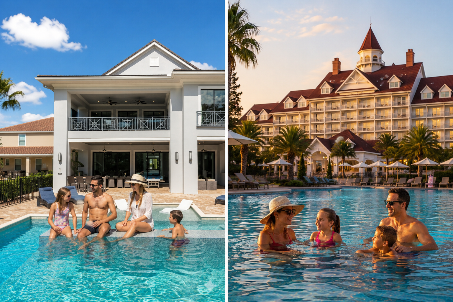 Side-by-side comparison of an Orlando villa with private pool and a luxury Orlando hotel resort