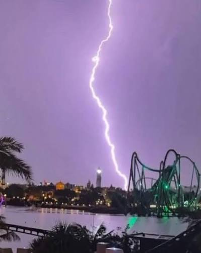 Lightning strike over Universal Orlando during an evening storm