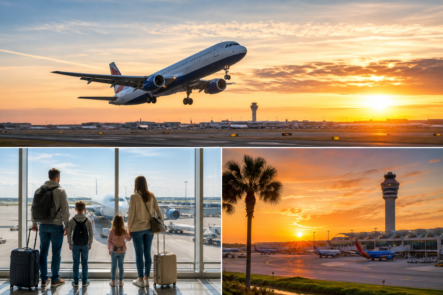 Florida flight journey collage — departure, family at the gate and arrival in Orlando at sunset