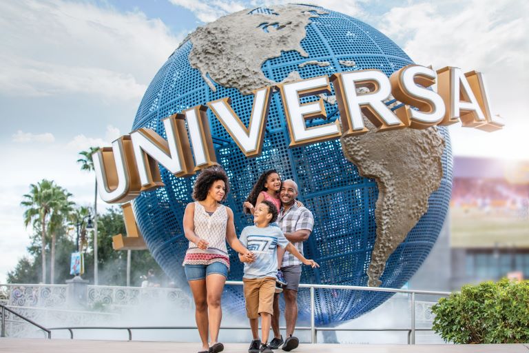 Family enjoying Universal Orlando in front of the Universal globe