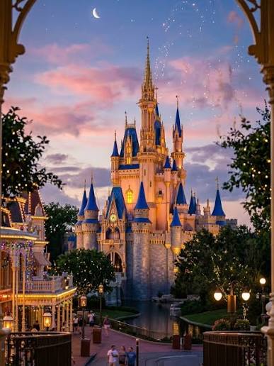Cinderella Castle illuminated at dusk on a quiet Main Street