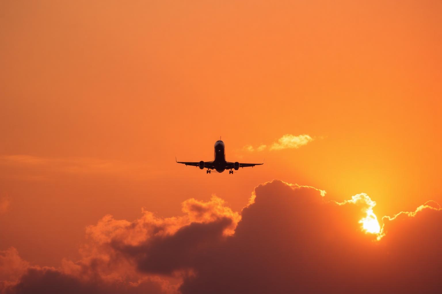 Aircraft departing into a sunset sky bound for Orlando