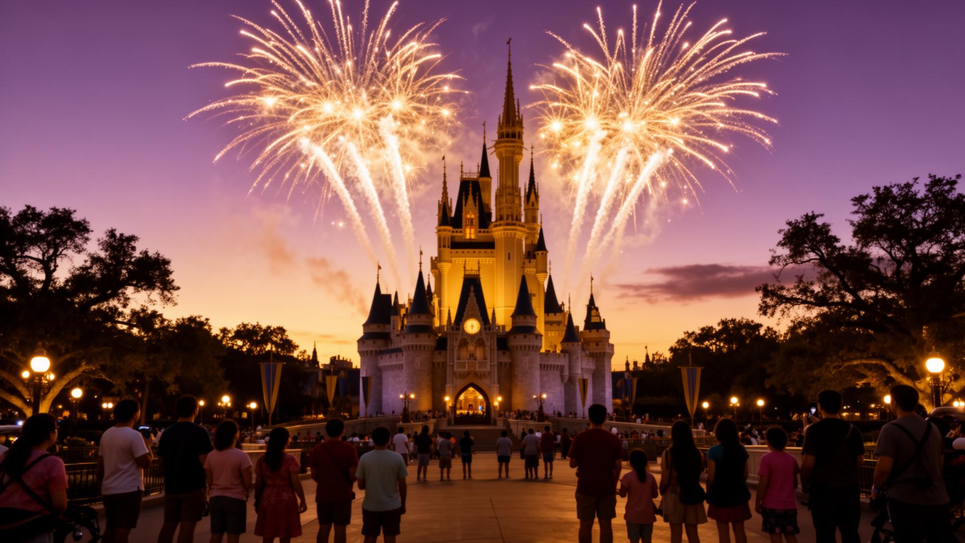 Cinderella Castle at dusk with fireworks