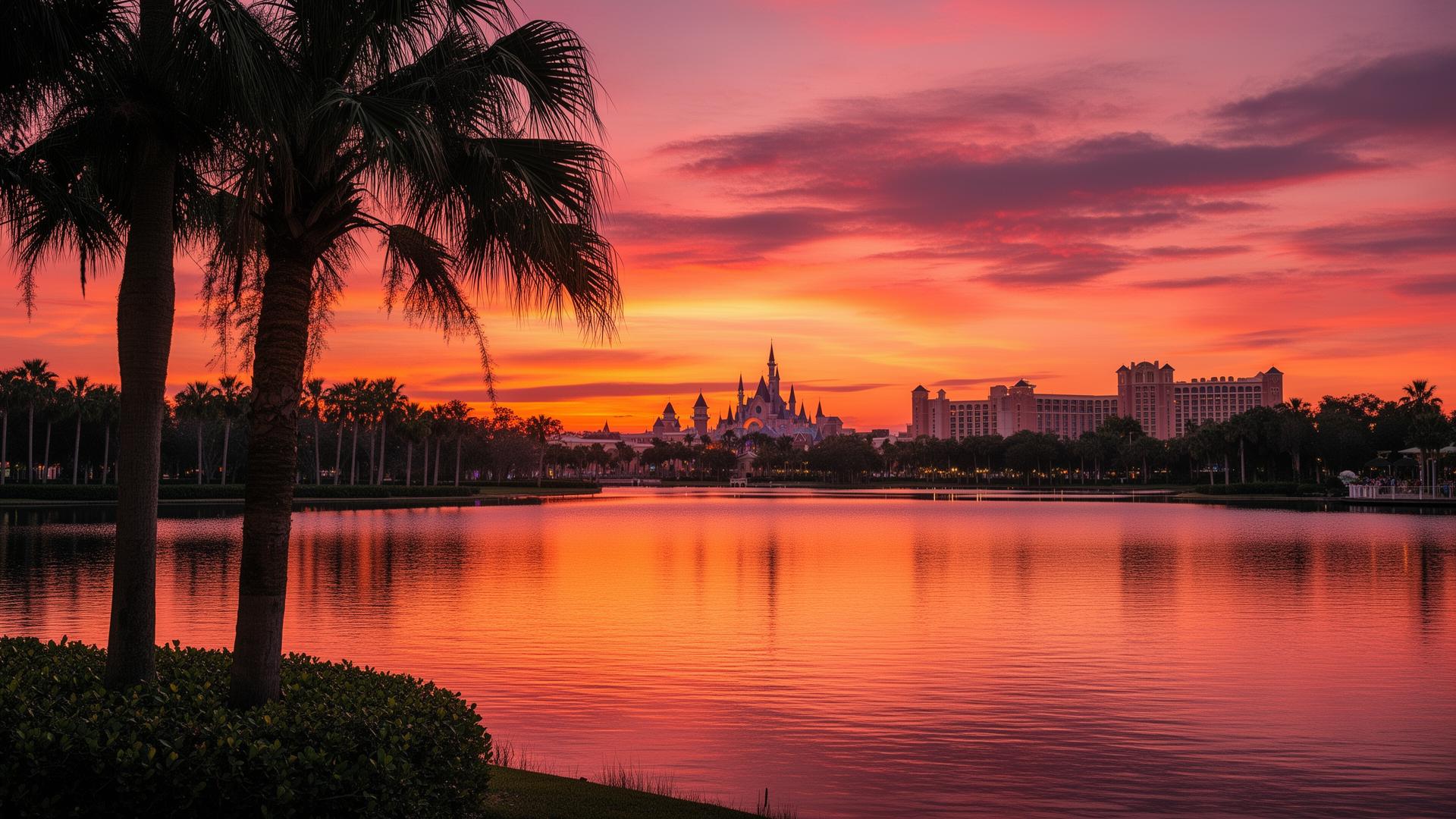 Orlando sunset over a lake with palm trees