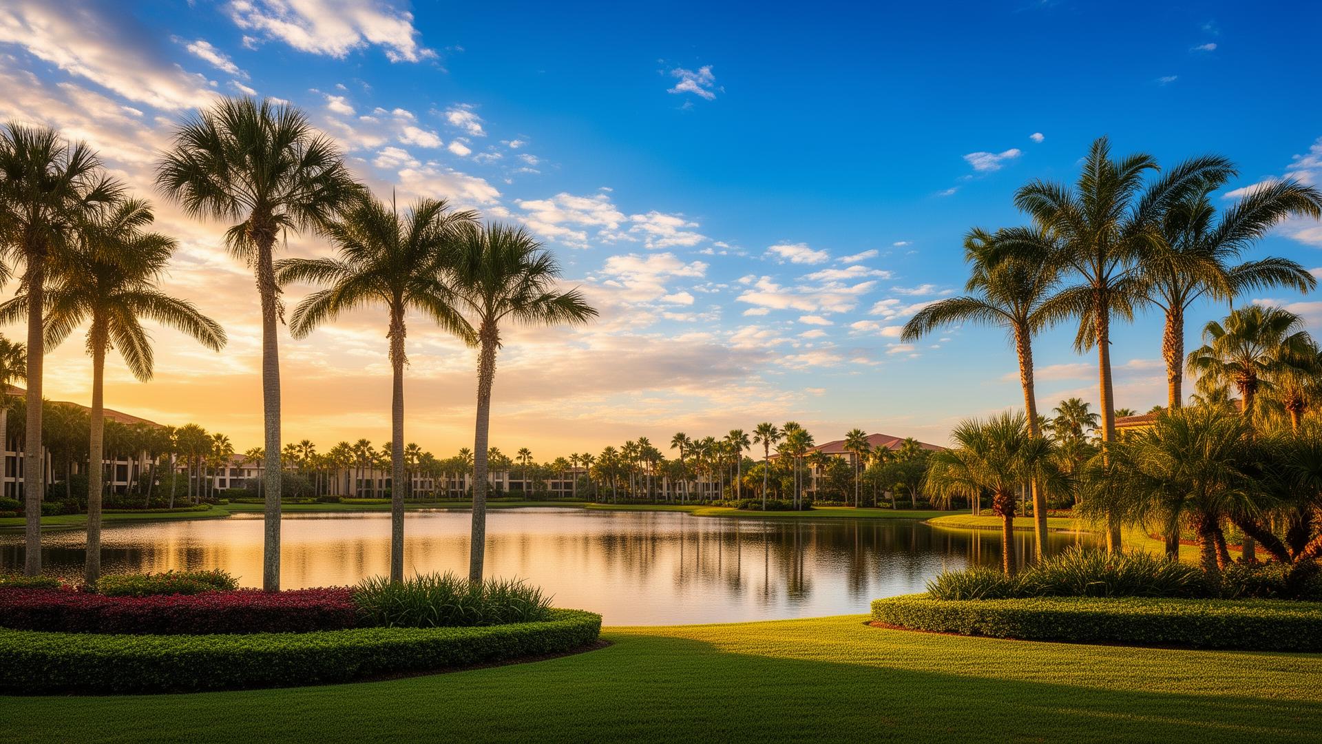 Palm-lined Orlando boulevard at golden hour with warm Florida sunshine