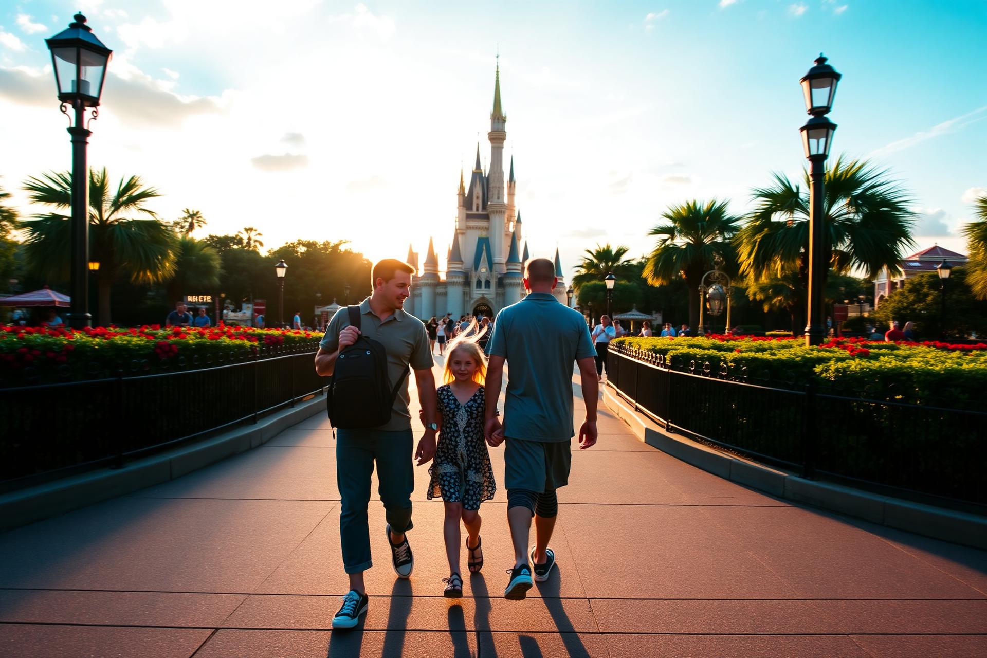 UK family enjoying an Orlando theme park holiday at sunset